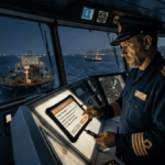 El capitán de un barco haciendo una transacción de bitcoin con una hardware wallet para pasar por el estrecho de Ormuz.