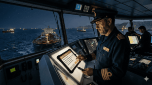 El capitán de un barco haciendo una transacción de bitcoin con una hardware wallet para pasar por el estrecho de Ormuz.