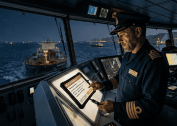 El capitán de un barco haciendo una transacción de bitcoin con una hardware wallet para pasar por el estrecho de Ormuz.