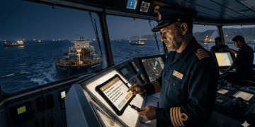 El capitán de un barco haciendo una transacción de bitcoin con una hardware wallet para pasar por el estrecho de Ormuz.