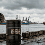 Barril de petróleo crudo en primer plano en un puerto industrial. Al fondo, una moneda de Bitcoin manchada de crudo cae. Composición realista y minimalista sobre economía y energía.