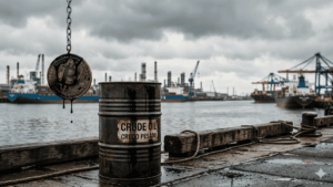 Barril de petróleo crudo en primer plano en un puerto industrial. Al fondo, una moneda de Bitcoin manchada de crudo cae. Composición realista y minimalista sobre economía y energía.