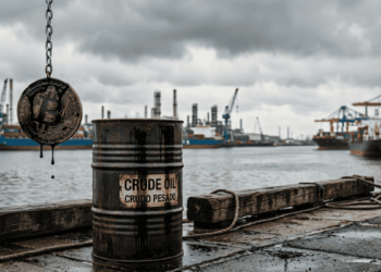 Barril de petróleo crudo en primer plano en un puerto industrial. Al fondo, una moneda de Bitcoin manchada de crudo cae. Composición realista y minimalista sobre economía y energía.