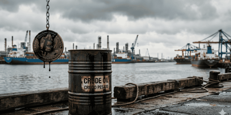 Barril de petróleo crudo en primer plano en un puerto industrial. Al fondo, una moneda de Bitcoin manchada de crudo cae. Composición realista y minimalista sobre economía y energía.