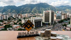 Logo de Binance, monedas de USDT, bancos y Caracas de fondo.