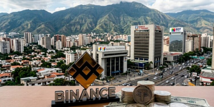 Logo de Binance, monedas de USDT, bancos y Caracas de fondo.