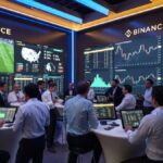 Grupo de personas apostando en eventos deportivos, políticos y económicos dentro de las modernas oficinas de Binance, con pantallas mostrando partidos en vivo, resultados electorales y gráficos financieros.