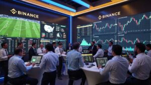 Grupo de personas apostando en eventos deportivos, políticos y económicos dentro de las modernas oficinas de Binance, con pantallas mostrando partidos en vivo, resultados electorales y gráficos financieros.