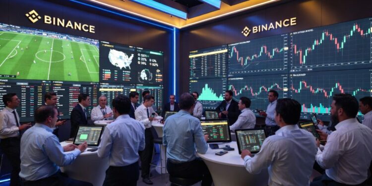 Grupo de personas apostando en eventos deportivos, políticos y económicos dentro de las modernas oficinas de Binance, con pantallas mostrando partidos en vivo, resultados electorales y gráficos financieros.
