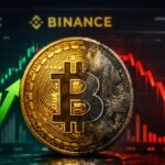 Bitcoin en primer plano con gráfico de Binance de fondo: flechas verdes subiendo a la izquierda y una fuerte caída con flechas rojas a la derecha.