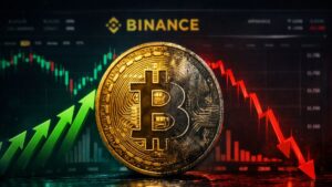 Bitcoin en primer plano con grรกfico de Binance de fondo: flechas verdes subiendo a la izquierda y una fuerte caรญda con flechas rojas a la derecha.