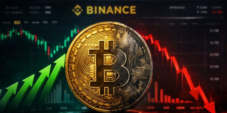 Bitcoin en primer plano con gráfico de Binance de fondo: flechas verdes subiendo a la izquierda y una fuerte caída con flechas rojas a la derecha.