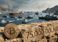 Primer plano de una moneda dorada de Bitcoin sobre un muro de piedra con el texto "75,000 DÓLARES" grabado. Al fondo, desenfocado, barcos militares y petroleros bloquean el Estrecho de Ormuz entre montañas áridas, bajo un cielo grisáceo.