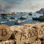 Primer plano de una moneda dorada de Bitcoin sobre un muro de piedra con el texto "75,000 DÓLARES" grabado. Al fondo, desenfocado, barcos militares y petroleros bloquean el Estrecho de Ormuz entre montañas áridas, bajo un cielo grisáceo.