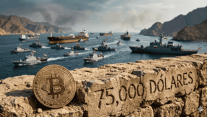 Primer plano de una moneda dorada de Bitcoin sobre un muro de piedra con el texto "75,000 DÓLARES" grabado. Al fondo, desenfocado, barcos militares y petroleros bloquean el Estrecho de Ormuz entre montañas áridas, bajo un cielo grisáceo.