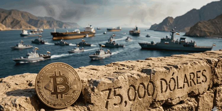 Primer plano de una moneda dorada de Bitcoin sobre un muro de piedra con el texto "75,000 DÓLARES" grabado. Al fondo, desenfocado, barcos militares y petroleros bloquean el Estrecho de Ormuz entre montañas áridas, bajo un cielo grisáceo.
