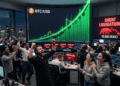 Una sala de trading con personas festejando, otras llorando, y el precio de bitcoin subiendo.
