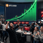 Una sala de trading con personas festejando, otras llorando, y el precio de bitcoin subiendo.