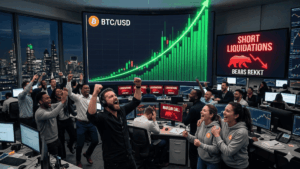 Una sala de trading con personas festejando, otras llorando, y el precio de bitcoin subiendo.