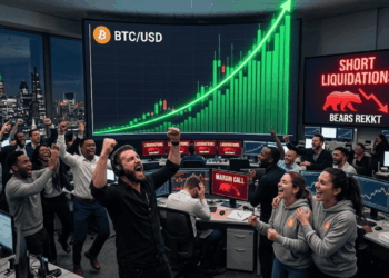 Una sala de trading con personas festejando, otras llorando, y el precio de bitcoin subiendo.