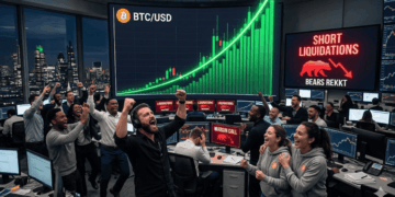 Una sala de trading con personas festejando, otras llorando, y el precio de bitcoin subiendo.