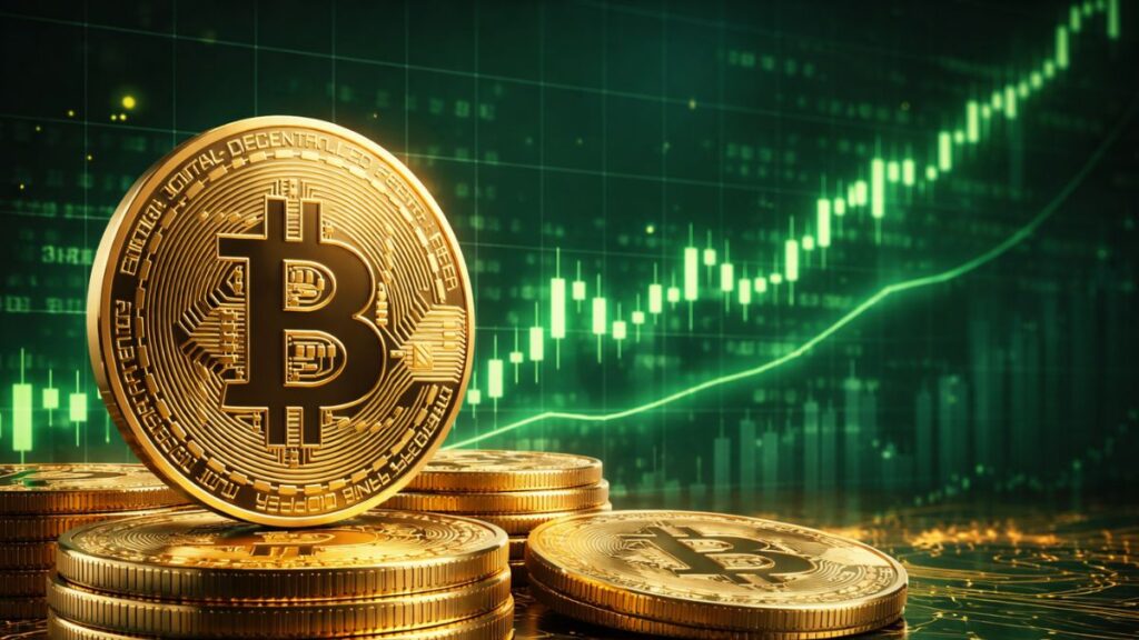 Moneda de bitcoin dorada y gráfico genérico de precios en verde y ascendente.