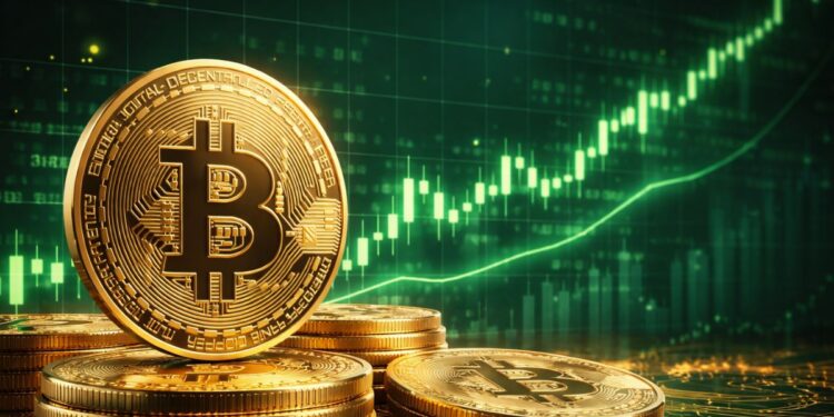 Moneda de bitcoin dorada y gráfico genérico de precios en verde y ascendente.