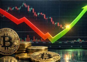 Bitcoin en fase final bajista con gráfico en V mostrando recuperación y monedas físicas en primer plano.
