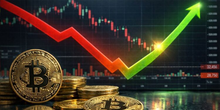 Bitcoin en fase final bajista con gráfico en V mostrando recuperación y monedas físicas en primer plano.