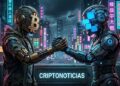 logo de bitcoin y el logo de CriptoNoticias que te comparto estrechándose la mano en un mundo distópico cyberpunk