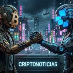logo de bitcoin y el logo de CriptoNoticias que te comparto estrechรกndose la mano en un mundo distรณpico cyberpunk