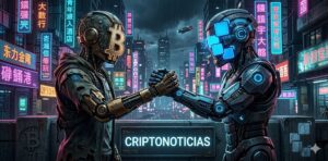 logo de bitcoin y el logo de CriptoNoticias que te comparto estrechรกndose la mano en un mundo distรณpico cyberpunk