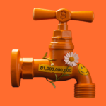 Página web del bitcoin faucet con un grifo de agua color naranja