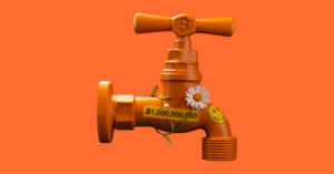 Página web del bitcoin faucet con un grifo de agua color naranja