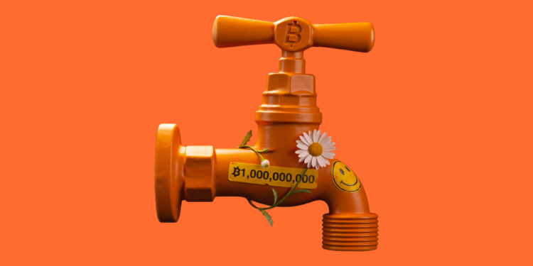 Página web del bitcoin faucet con un grifo de agua color naranja