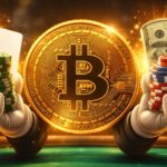 Una moneda física de bitcoin con cartas y fichas en las manos.