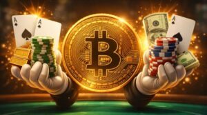 Una moneda física de bitcoin con cartas y fichas en las manos.
