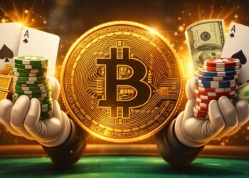 Una moneda física de bitcoin con cartas y fichas en las manos.