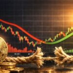 Monedas de bitcoin con una cuerda rompiéndose y un gráfico de precios al alza, simbolizando el fin del estrés del mercado y una recuperación alcista.