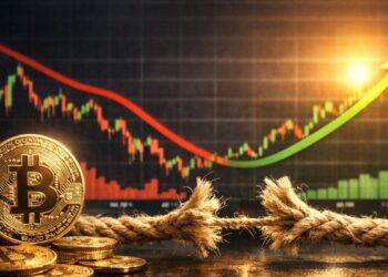 Monedas de bitcoin con una cuerda rompiéndose y un gráfico de precios al alza, simbolizando el fin del estrés del mercado y una recuperación alcista.