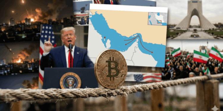 En primer plano, una moneda de bitcoin haciendo equilibrio sobre una soga. En el fondo, imágenes de Donald Trump hablando, un mapa del estrecho de Ormuz, ataques aéreos sobre Irán y un paisaje típico de Irán.