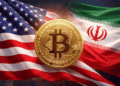 Imagen realista con las banderas de Estados Unidos e Irรกn a los lados y una moneda de Bitcoin en el centro, simbolizando la reacciรณn del mercado ante las negociaciones geopolรญticas.