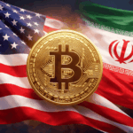 Imagen realista con las banderas de Estados Unidos e Irán a los lados y una moneda de Bitcoin en el centro, simbolizando la reacción del mercado ante las negociaciones geopolíticas.