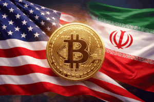 Imagen realista con las banderas de Estados Unidos e Irán a los lados y una moneda de Bitcoin en el centro, simbolizando la reacción del mercado ante las negociaciones geopolíticas.