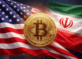 Imagen realista con las banderas de Estados Unidos e Irán a los lados y una moneda de Bitcoin en el centro, simbolizando la reacción del mercado ante las negociaciones geopolíticas.