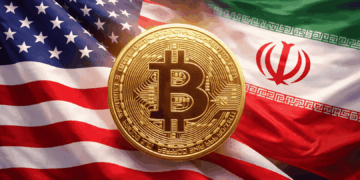 Imagen realista con las banderas de Estados Unidos e Irán a los lados y una moneda de Bitcoin en el centro, simbolizando la reacción del mercado ante las negociaciones geopolíticas.
