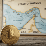 En primer plano, sobre una mesa, hay una moneda fรญsica de bitcoin. En el fondo, se ve un mapa del estrecho de Ormuz.