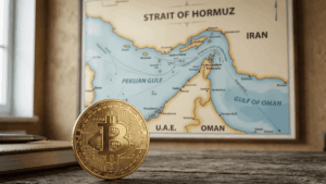En primer plano, sobre una mesa, hay una moneda física de bitcoin. En el fondo, se ve un mapa del estrecho de Ormuz.