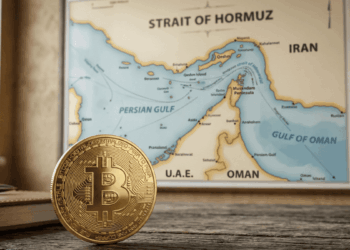 En primer plano, sobre una mesa, hay una moneda física de bitcoin. En el fondo, se ve un mapa del estrecho de Ormuz.