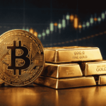 imagen realista del oro y de la moneda de btc, con unas velas de fondo.